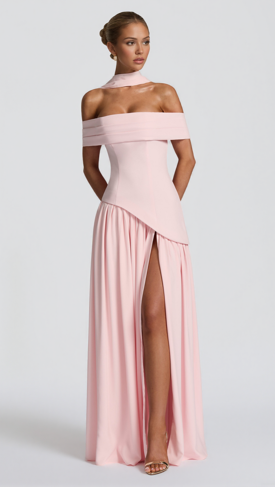DOROTHY OFF-SHOULDER HIGH SLIT MAXI DRESS - BLUSH