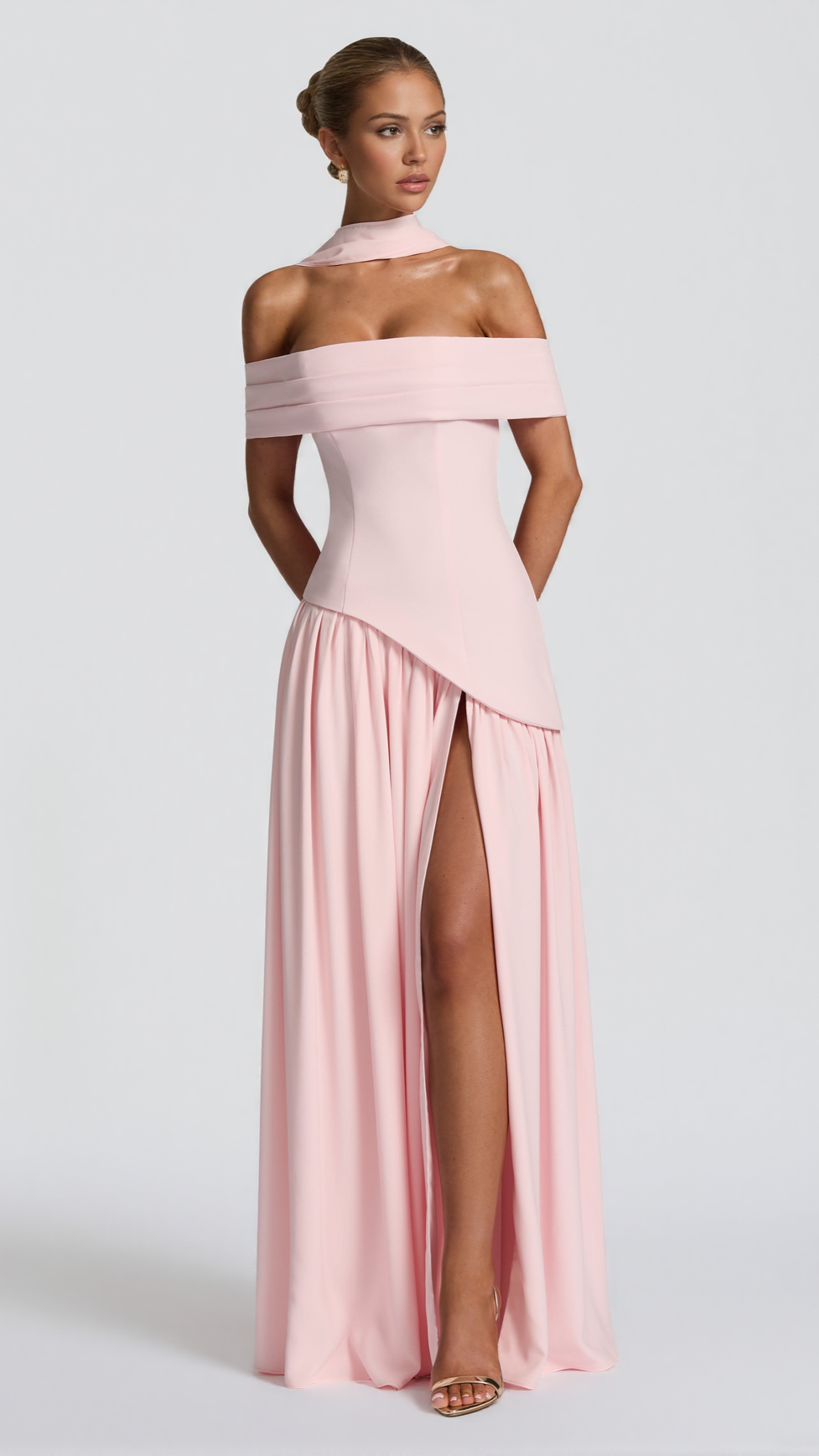 DOROTHY OFF-SHOULDER HIGH SLIT MAXI DRESS - BLUSH