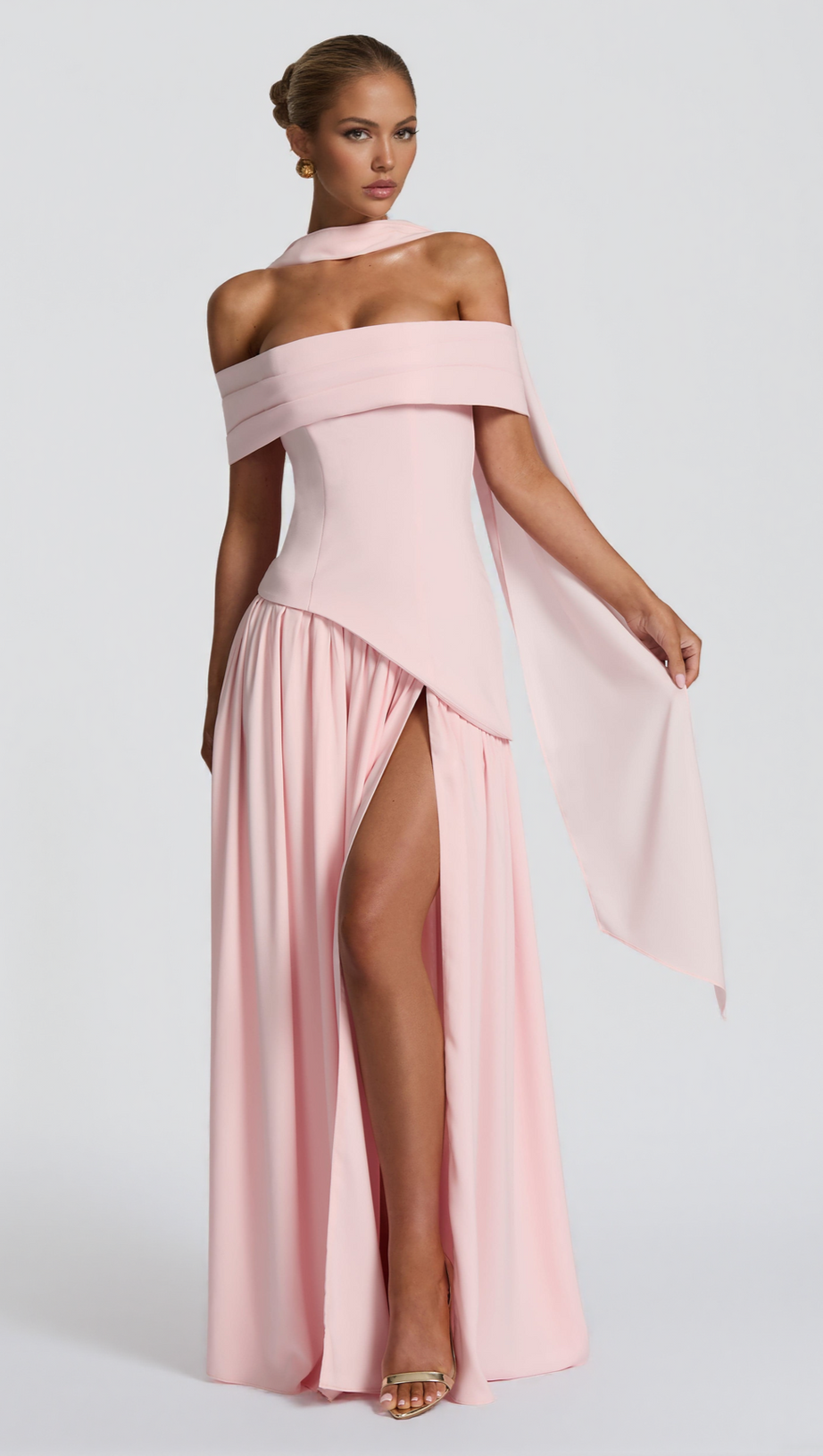 DOROTHY OFF-SHOULDER HIGH SLIT MAXI DRESS - BLUSH