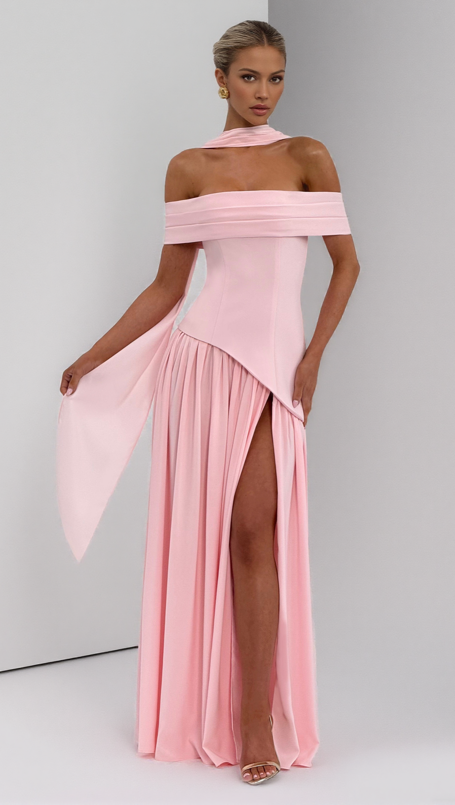 DOROTHY OFF-SHOULDER HIGH SLIT MAXI DRESS - BLUSH