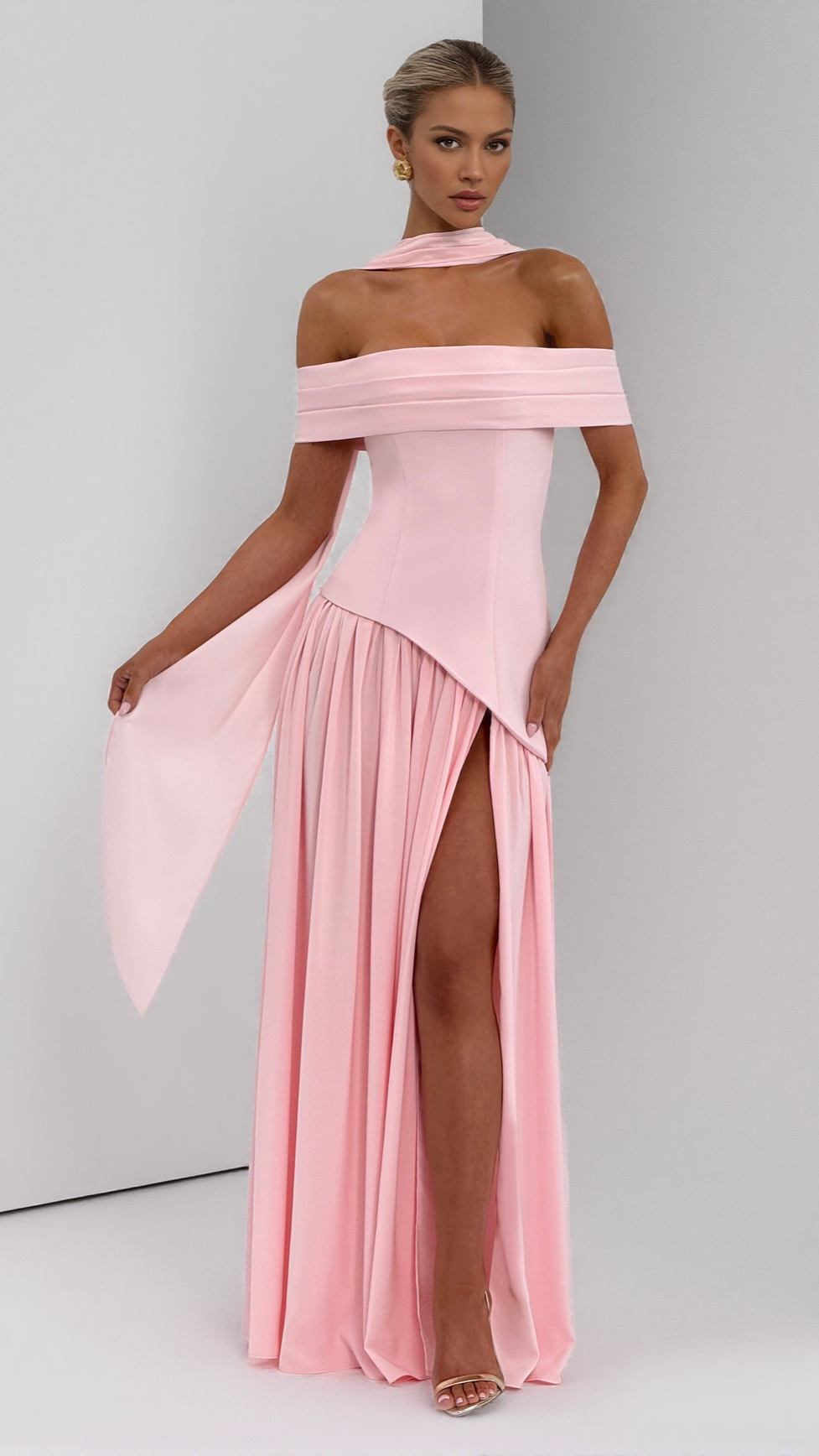 AIIZIE DOROTHY OFF-SHOULDER HIGH SLIT MAXI DRESS - BLUSH - product image