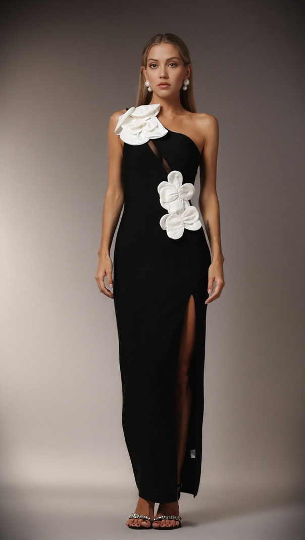 AIIZIE BLACK HELOISE FLOWERS SLIT ONE SHOULDER BANDAGE MAXI DRESS - product image