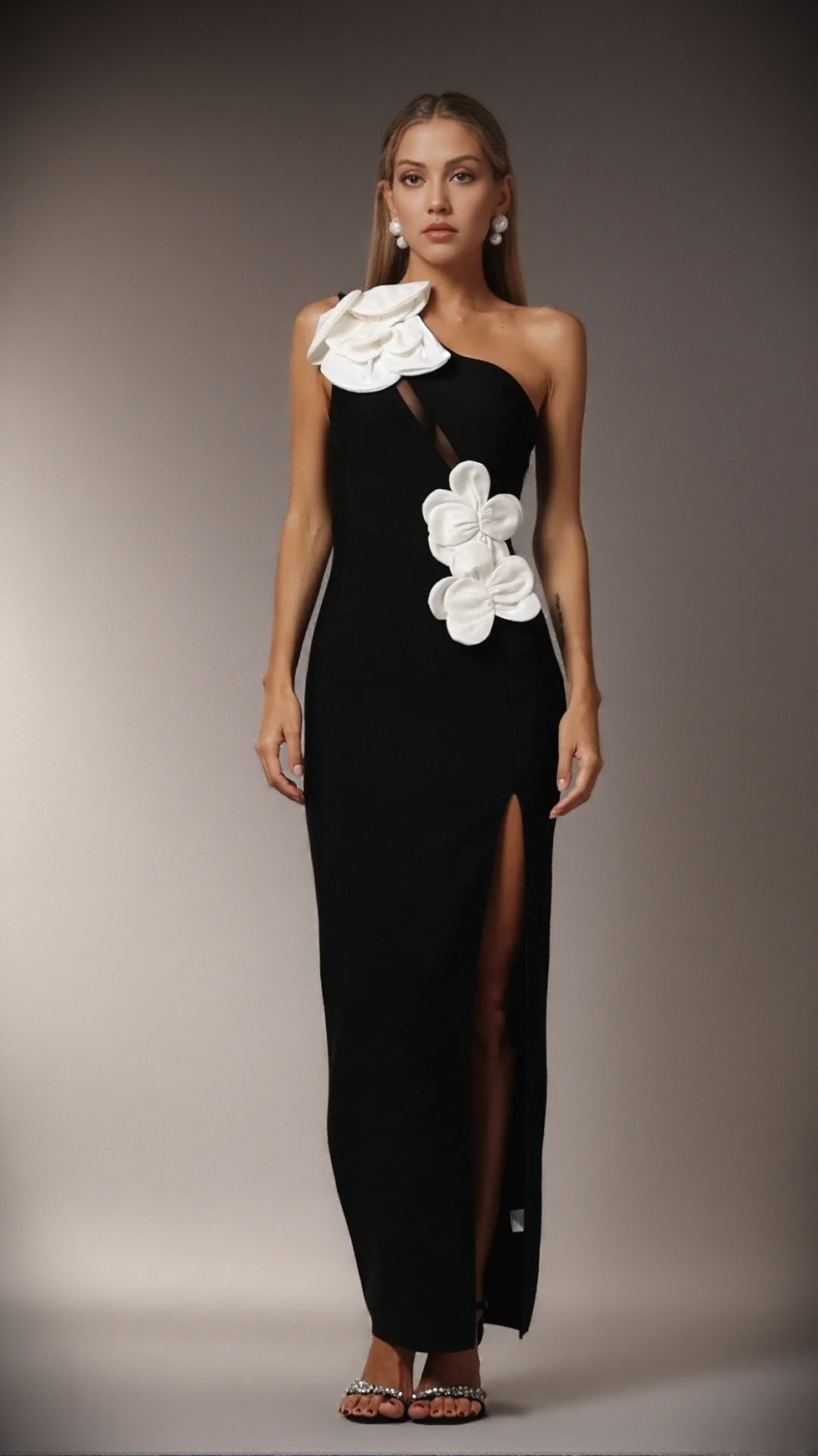 AIIZIE BLACK HELOISE FLOWERS SLIT ONE SHOULDER BANDAGE MAXI DRESS - product image