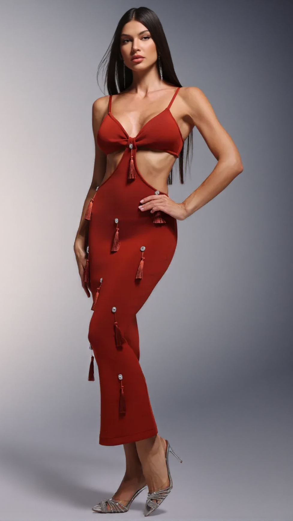 DEEP-V DIAMOND TASSELS BANDAGE MAXI DRESS IN RED