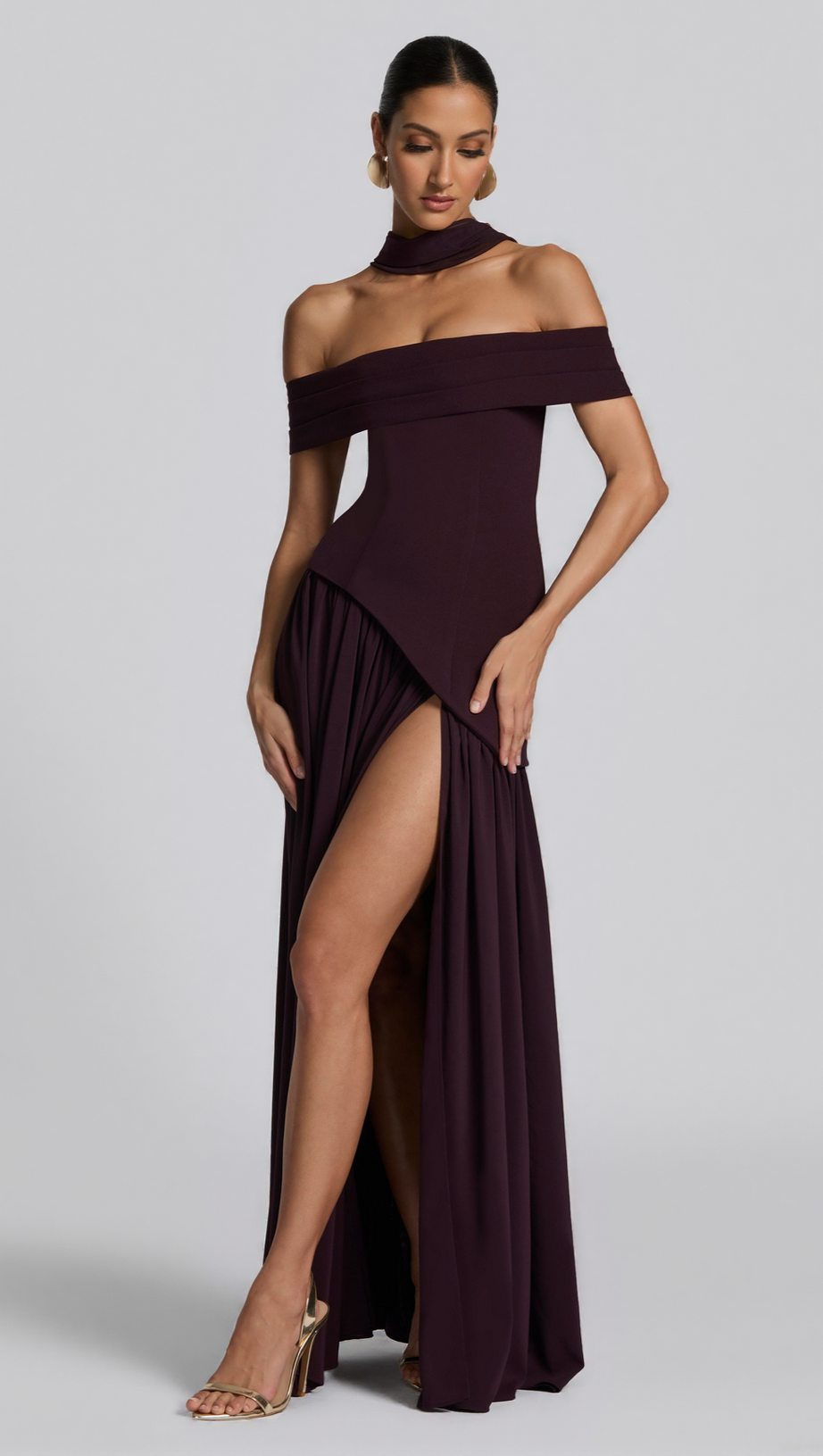 DOROTHY OFF-SHOULDER HIGH SLIT MAXI DRESS - PLUM