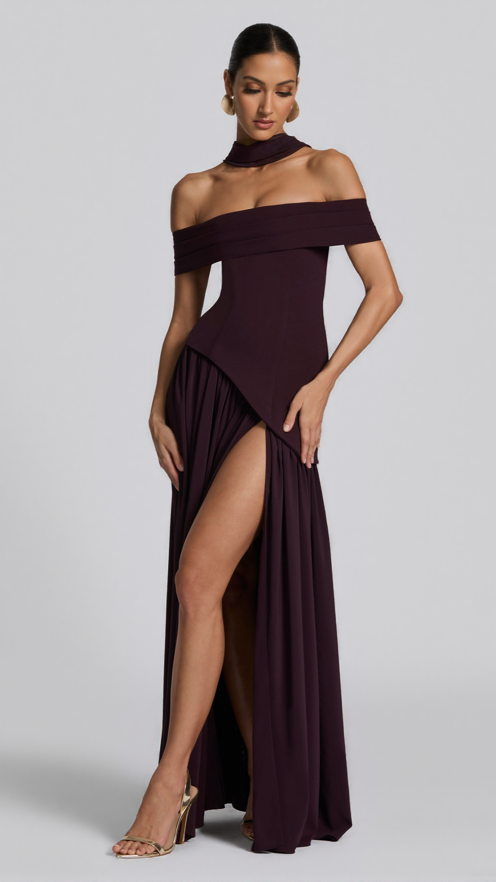 AIIZIE DOROTHY OFF-SHOULDER HIGH SLIT MAXI DRESS - PLUM - product image