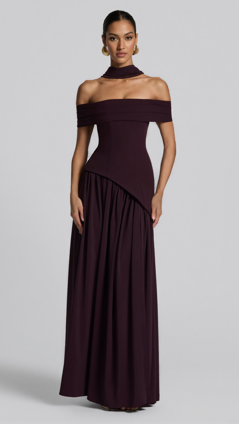 DOROTHY OFF-SHOULDER HIGH SLIT MAXI DRESS - PLUM