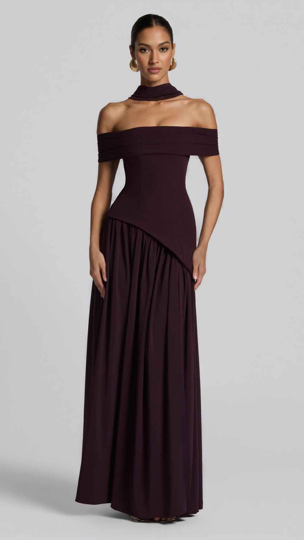 DOROTHY OFF-SHOULDER HIGH SLIT MAXI DRESS - PLUM