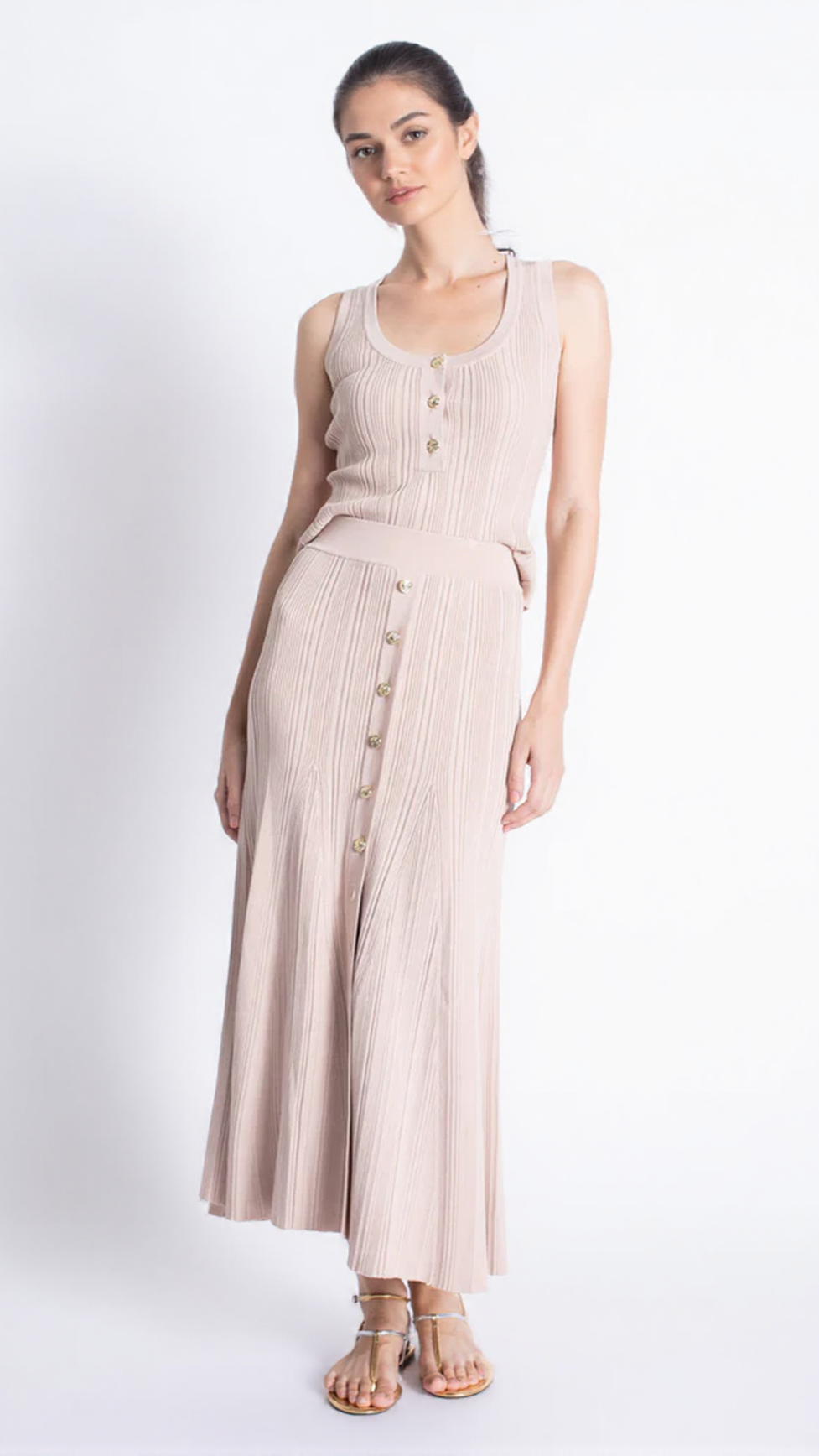 EARTHA SLEEVELESS KNITTED DRESS TOP SKIRT SET IN APRICOT