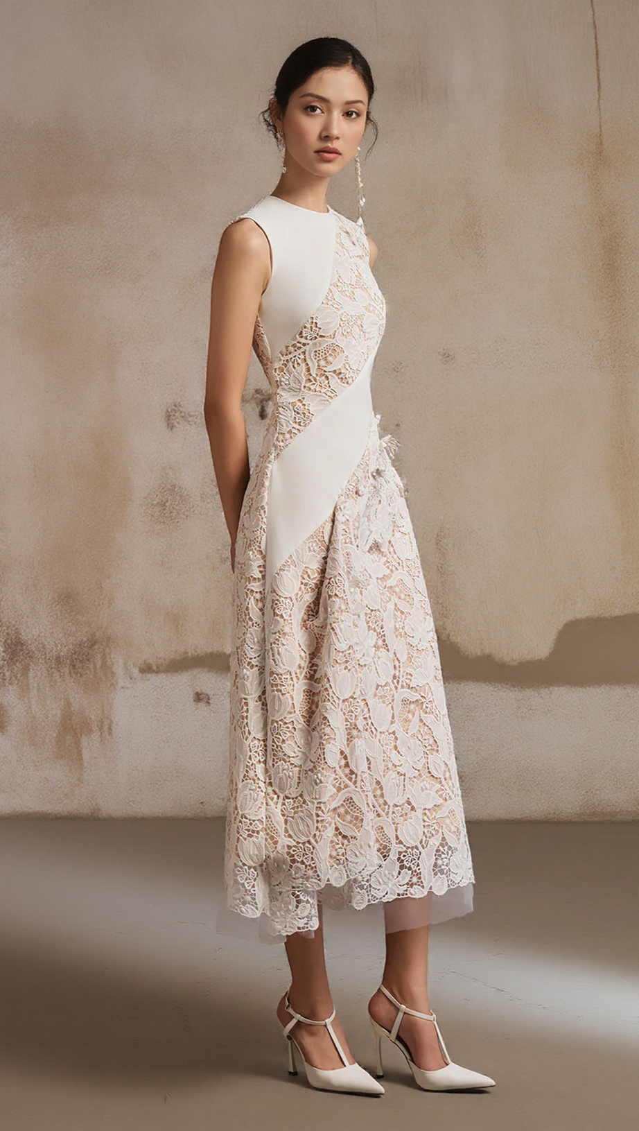 A-LINE JEWEL NECK LACE MIDI DRESS IN WHITE