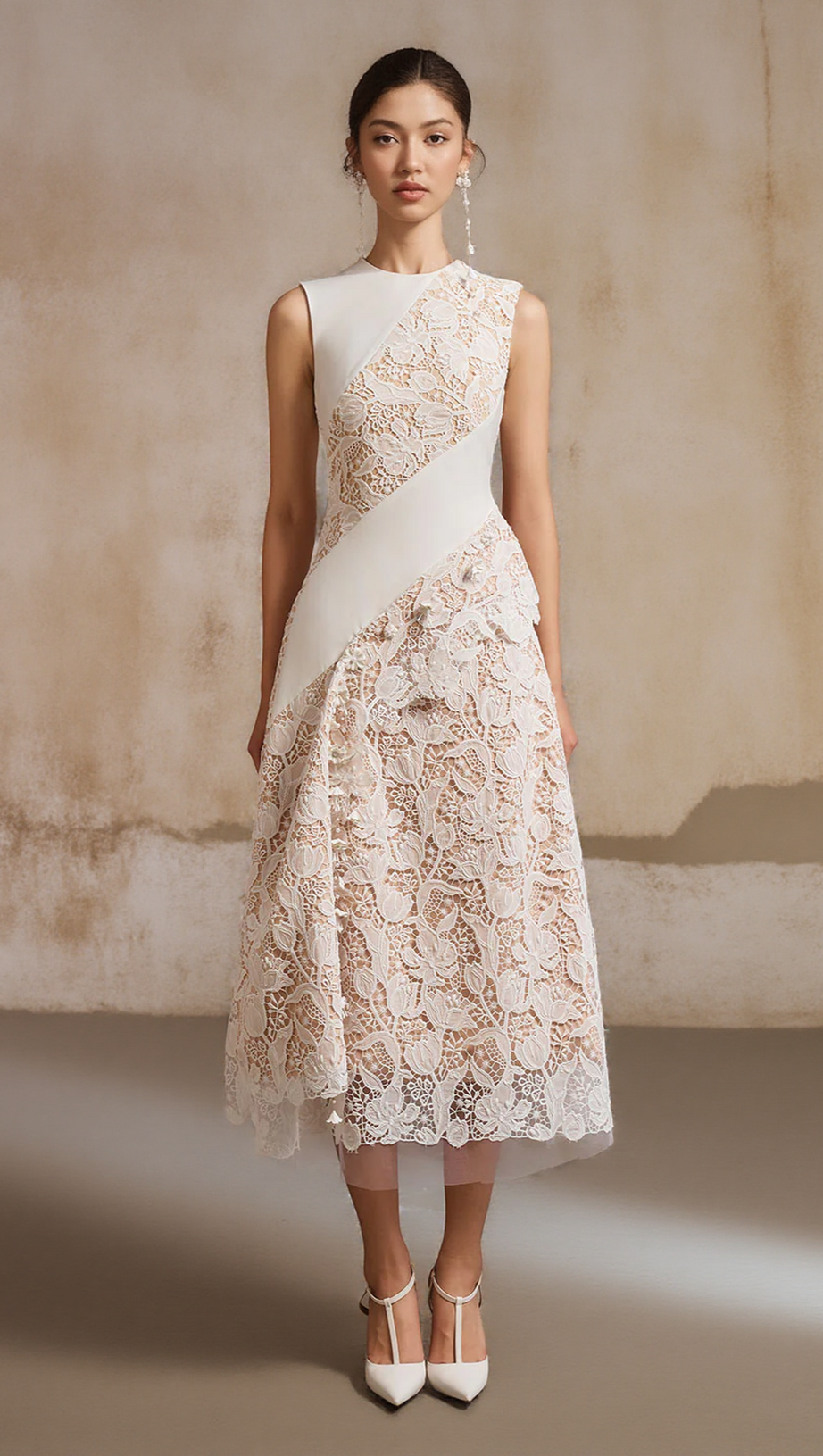 A-LINE JEWEL NECK LACE MIDI DRESS IN WHITE AIIZIE A-LINE JEWEL NECK LACE MIDI DRESS IN WHITE AIIZIE