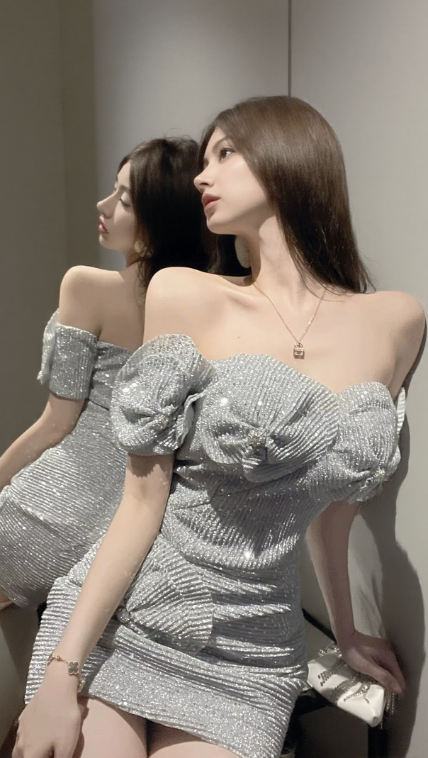 AIIZIE SPARKLING ONE-SHOULDER STRAPLESS MINI DRESS - product image