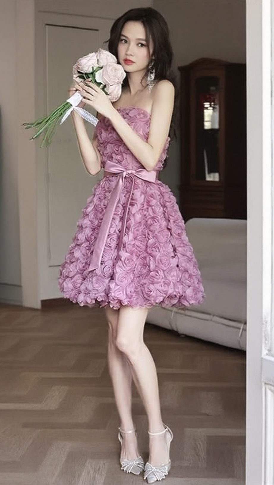 ROSE FLOWER STRAPLESS MINI DRESS