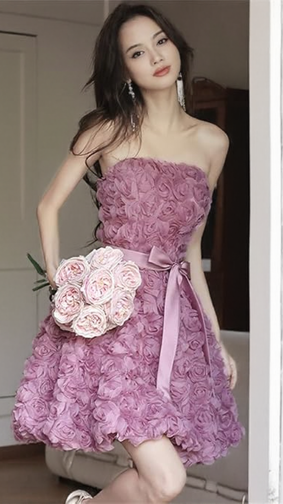 ROSE FLOWER STRAPLESS MINI DRESS