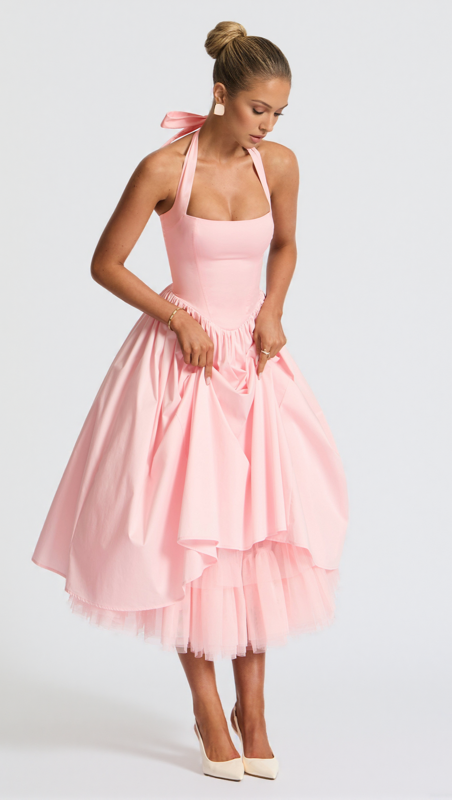 CRESSIDA BACKLESS PUFFY MIDI DRESS - BLUSH