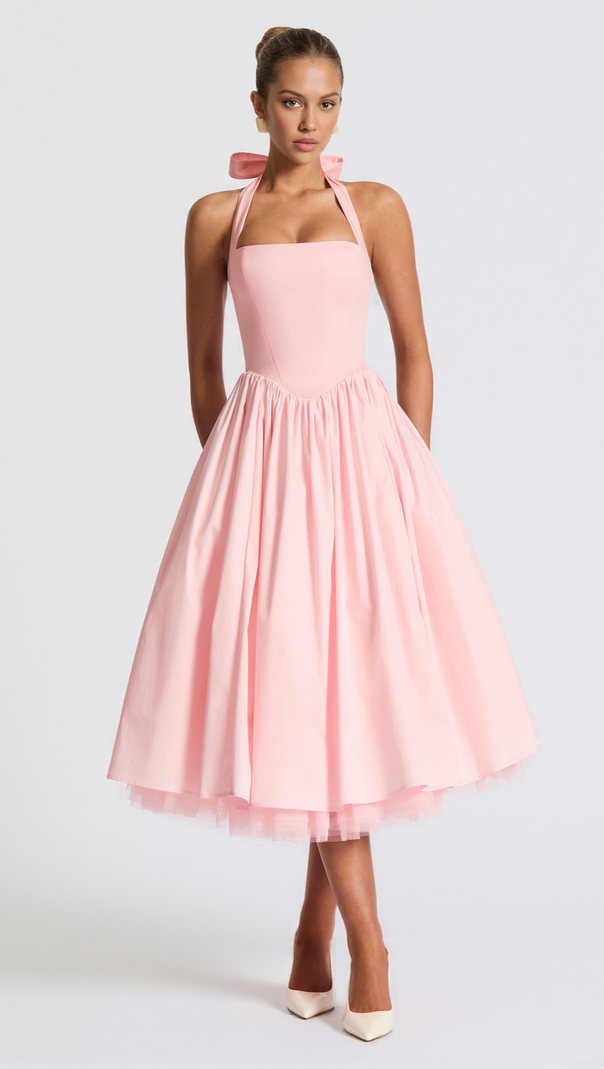 CRESSIDA BACKLESS PUFFY MIDI DRESS - BLUSH