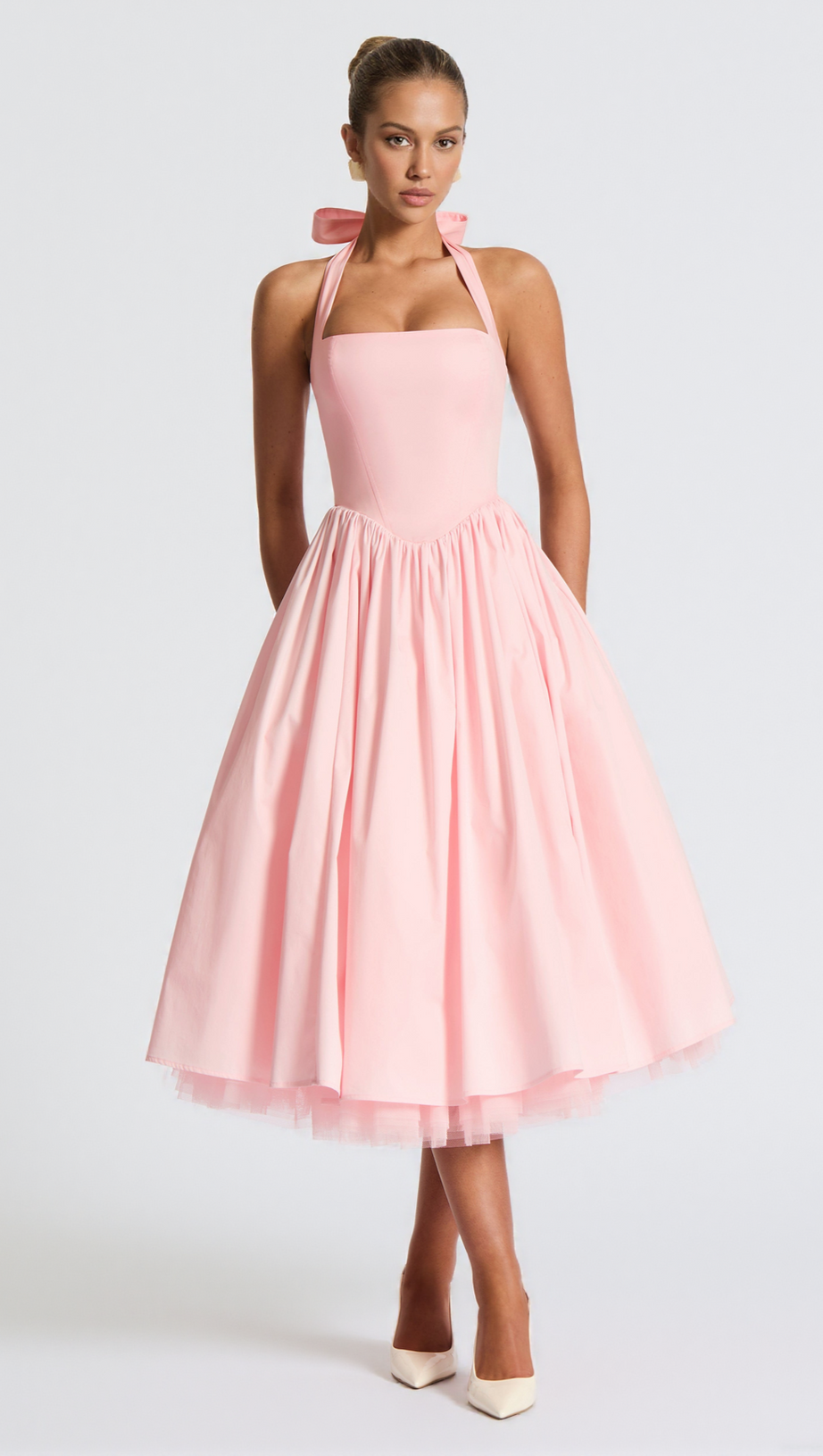 CRESSIDA BACKLESS PUFFY MIDI DRESS - BLUSH