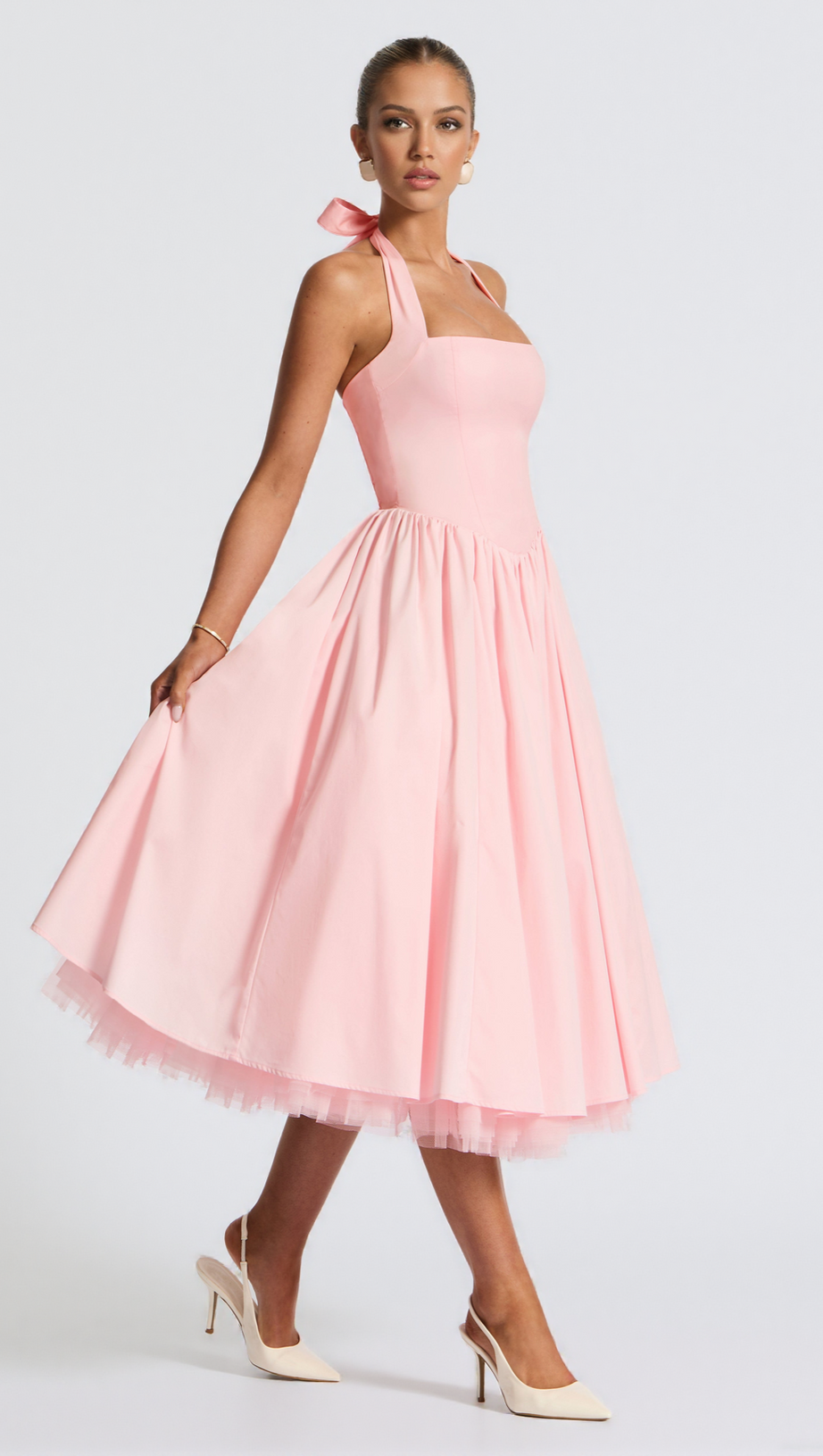CRESSIDA BACKLESS PUFFY MIDI DRESS - BLUSH