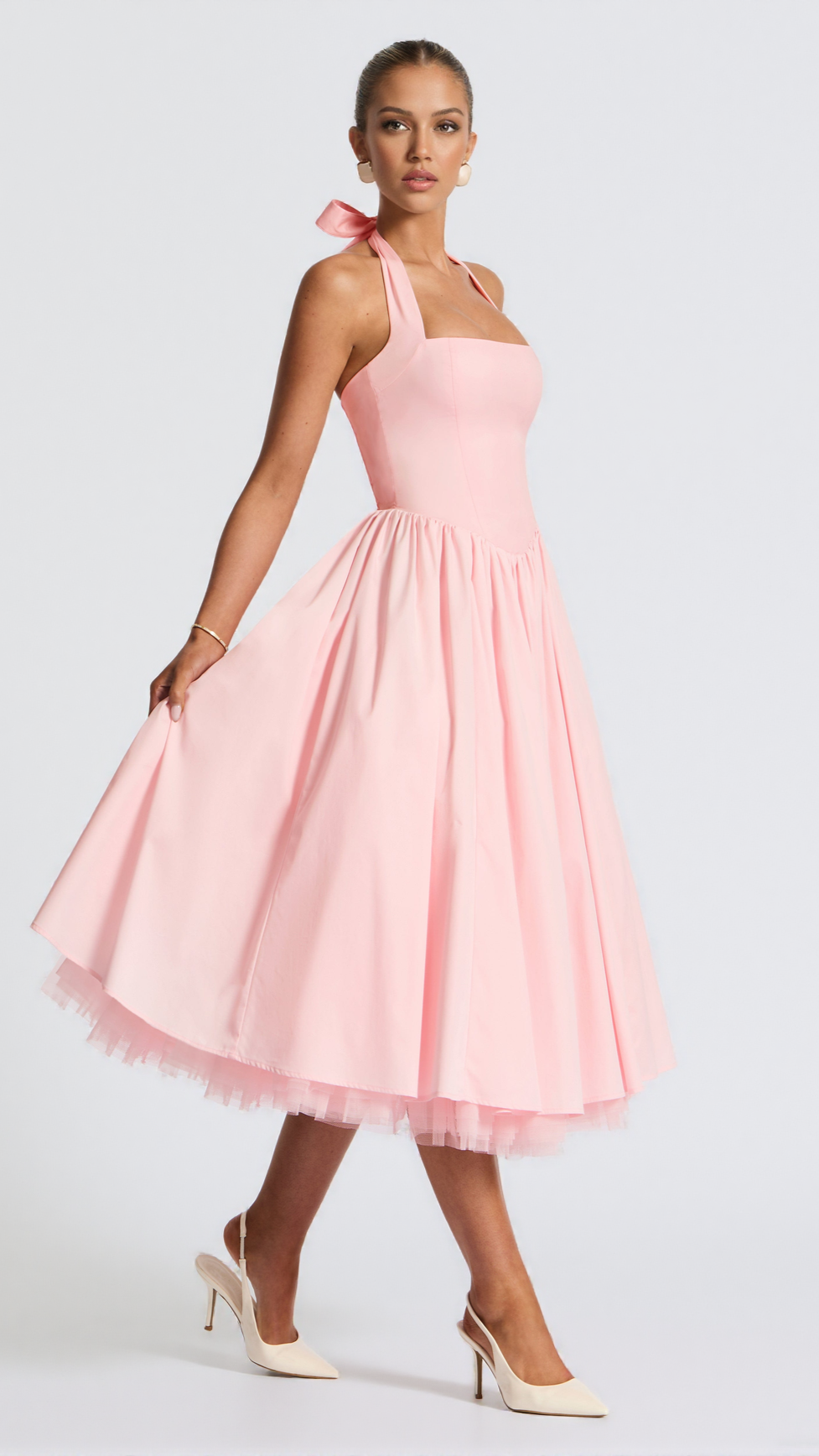 CRESSIDA BACKLESS PUFFY MIDI DRESS - BLUSH