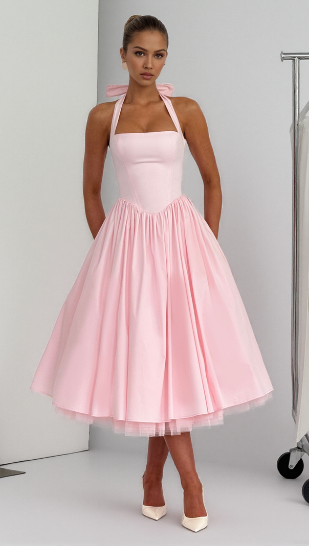 CRESSIDA BACKLESS PUFFY MIDI DRESS - BLUSH