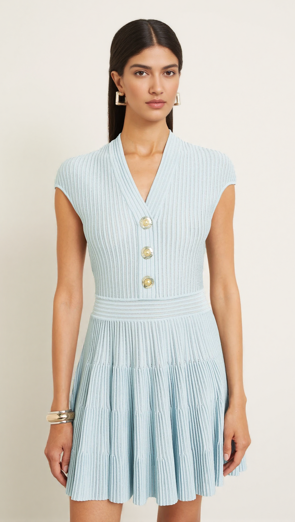 AIIZIE SHORT-SLEEVE FLECHAGE KNIT FLARE MINI DRESS IN BLUE - product image