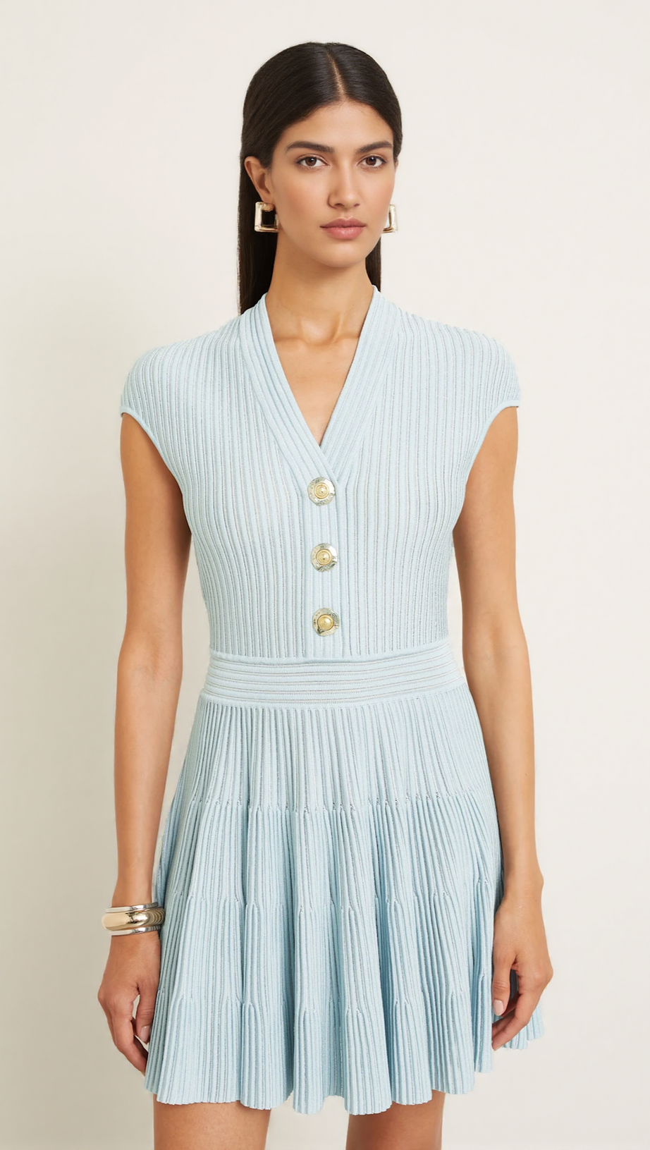 SHORT-SLEEVE FLECHAGE KNIT FLARE MINI DRESS IN BLUE