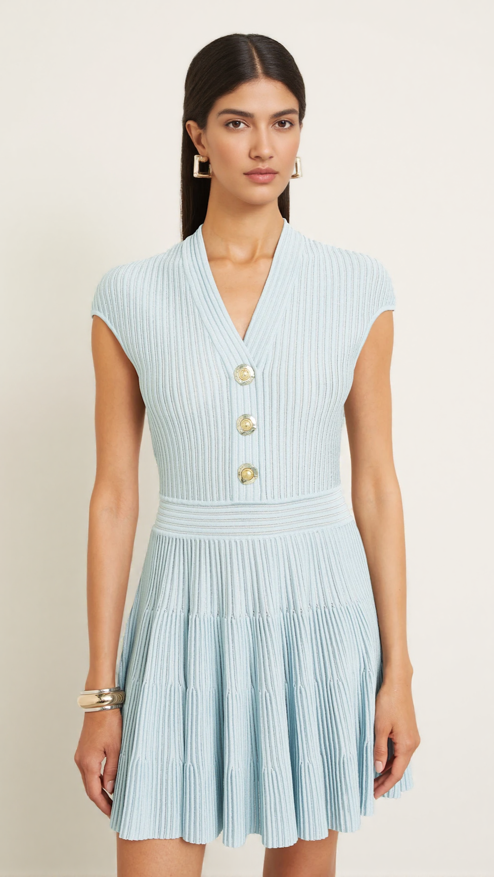 AIIZIE SHORT-SLEEVE FLECHAGE KNIT FLARE MINI DRESS IN BLUE - product image