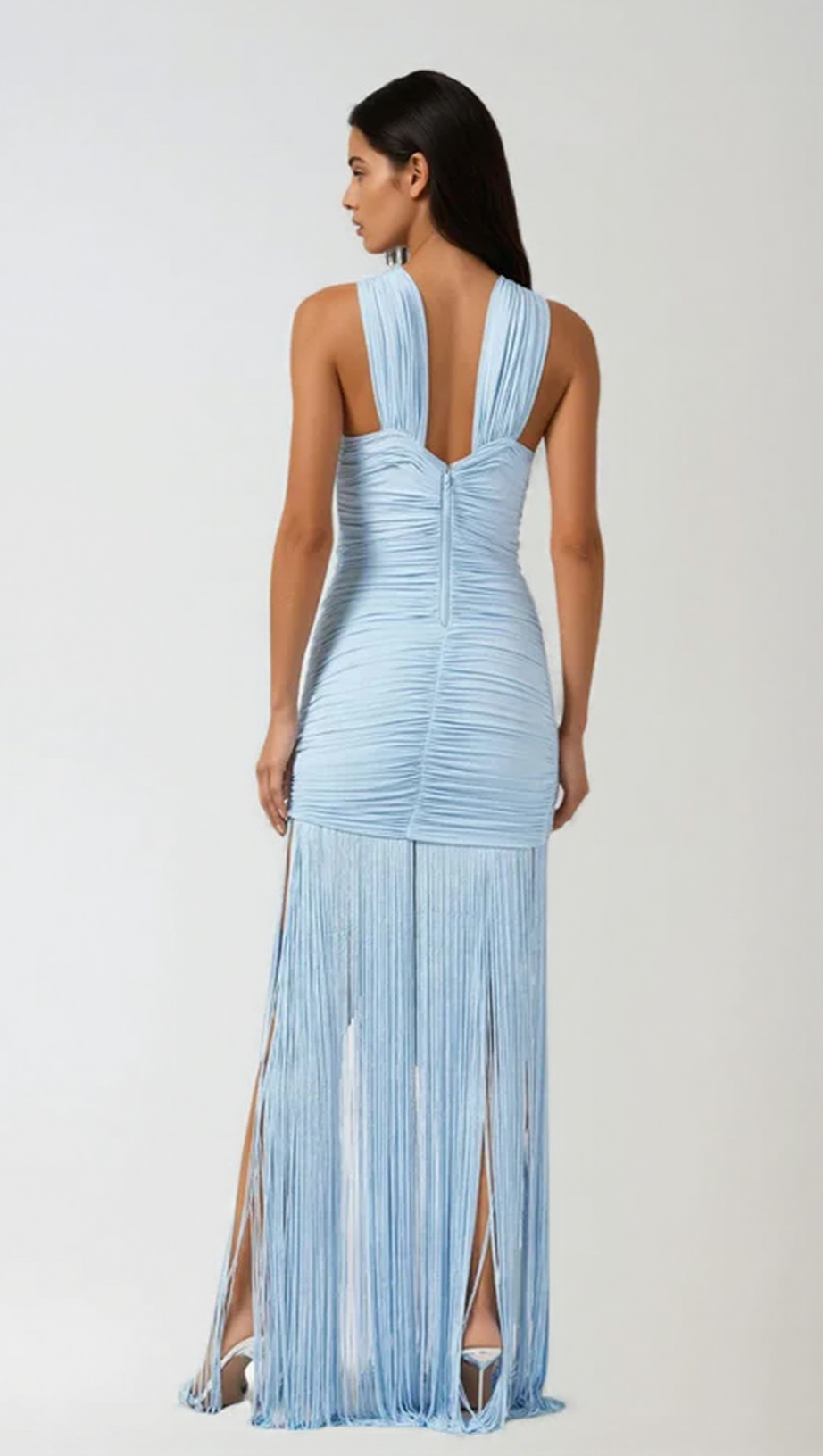 FRINGE MESH RUCHED MAXI DRESS