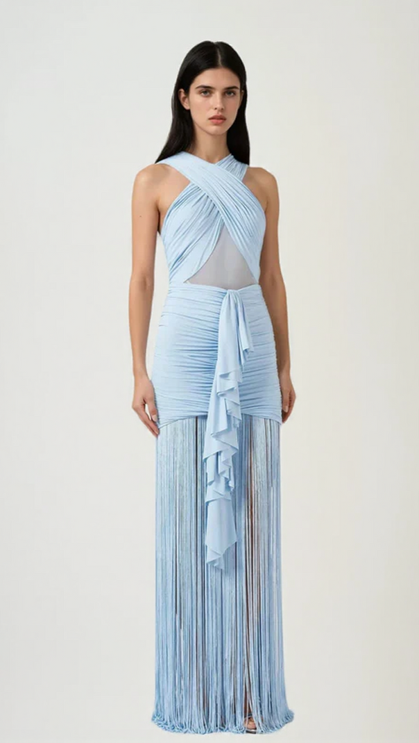 AIIZIE FRINGE MESH RUCHED MAXI DRESS - product image