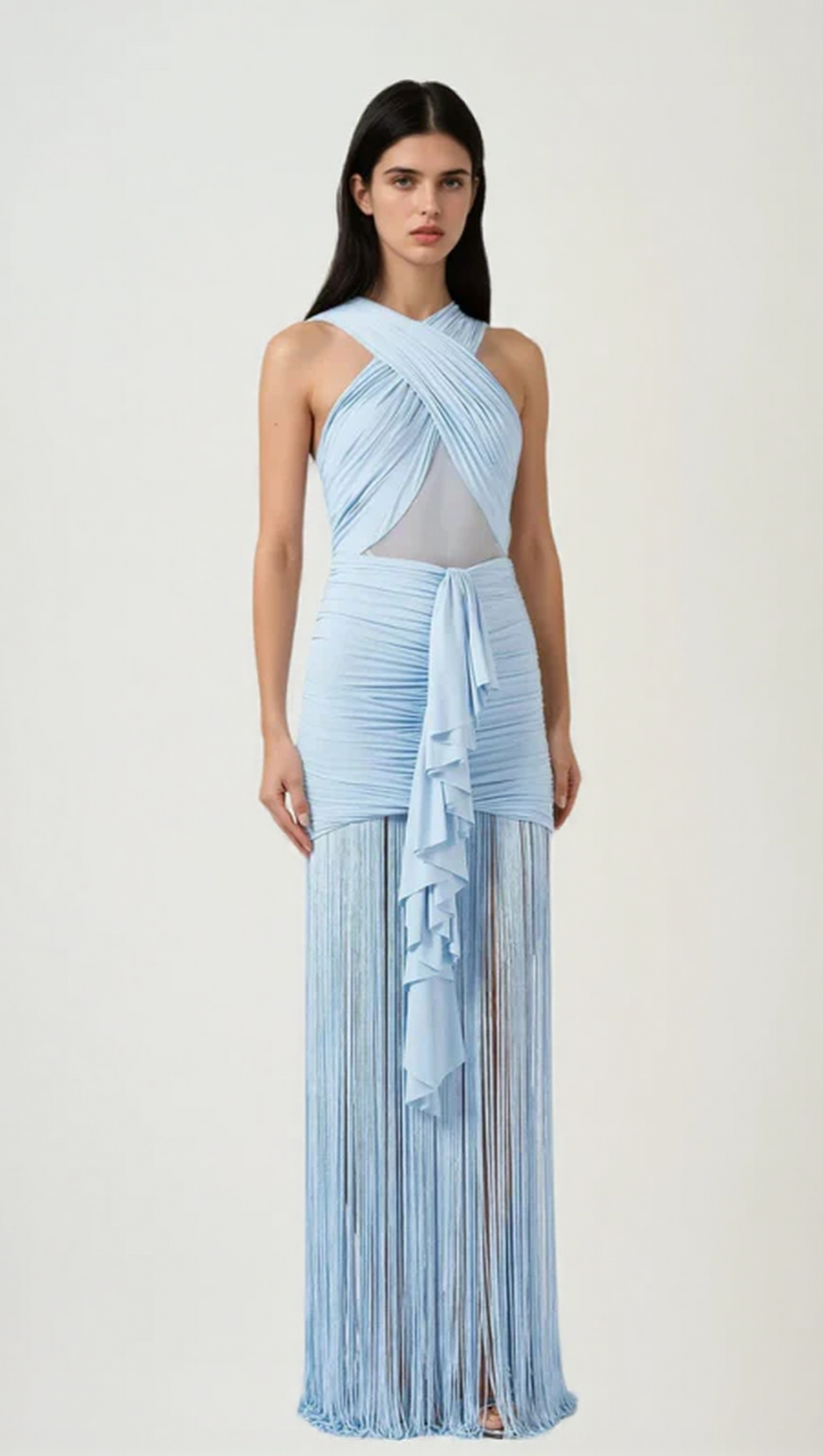 FRINGE MESH RUCHED MAXI DRESS