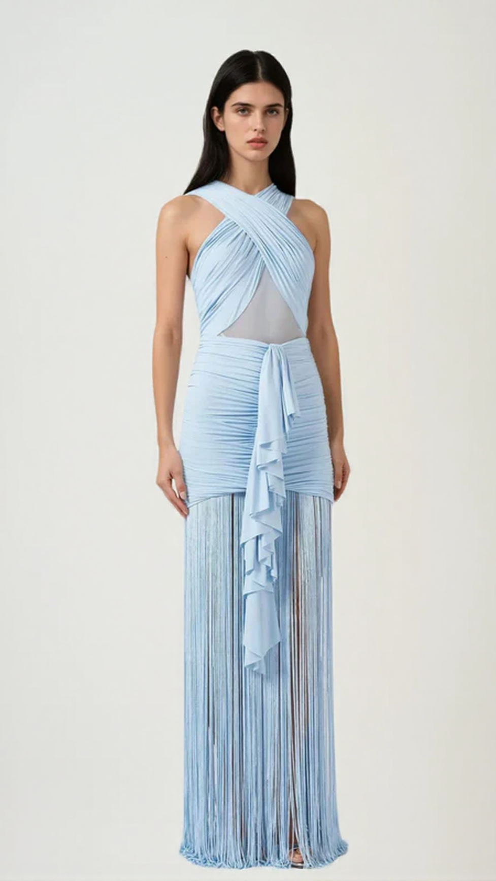FRINGE MESH RUCHED MAXI DRESS