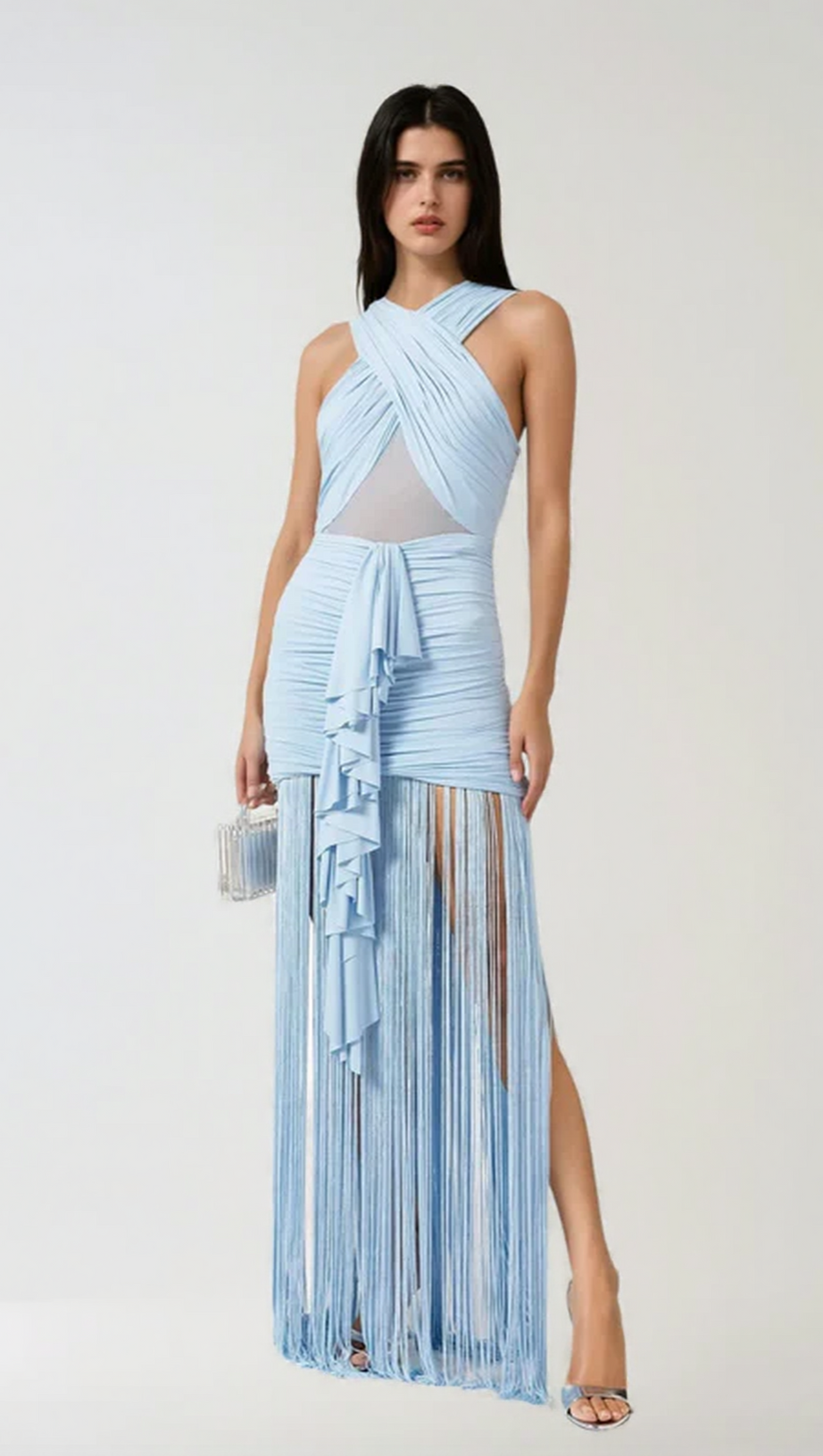 FRINGE MESH RUCHED MAXI DRESS
