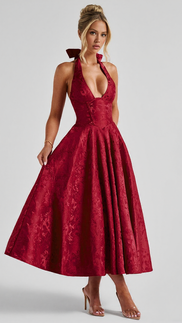 AIIZIE EFFIE BACK BOW MIDI DRESS - RED - product image