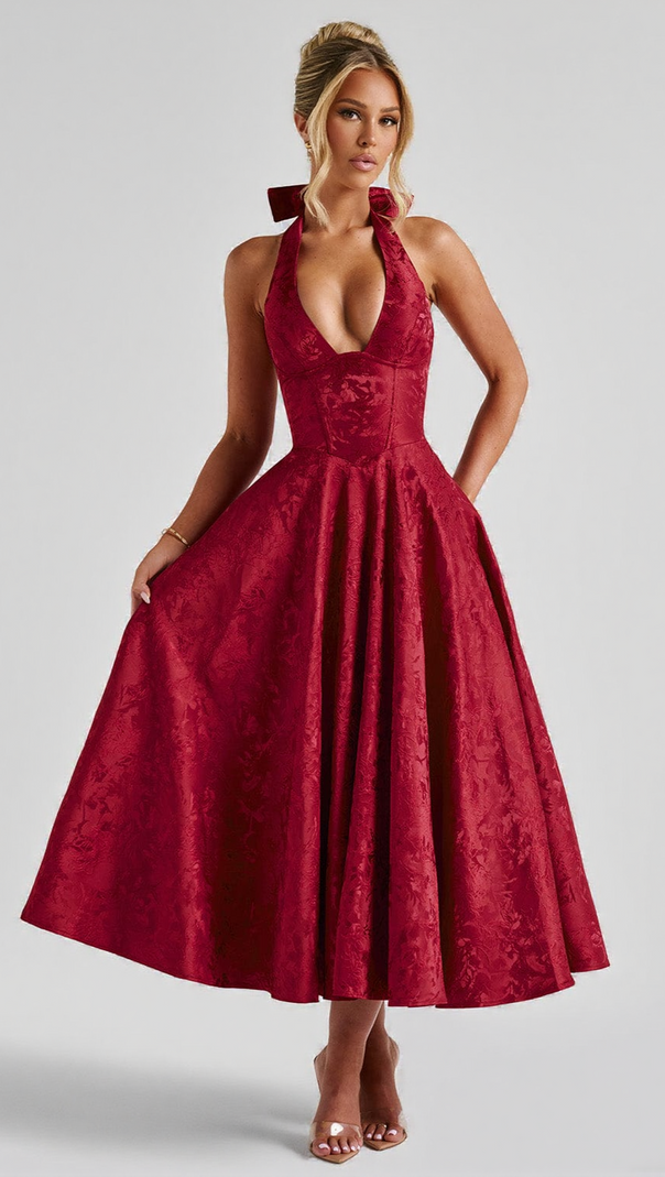 AIIZIE EFFIE BACK BOW MIDI DRESS - RED - product image