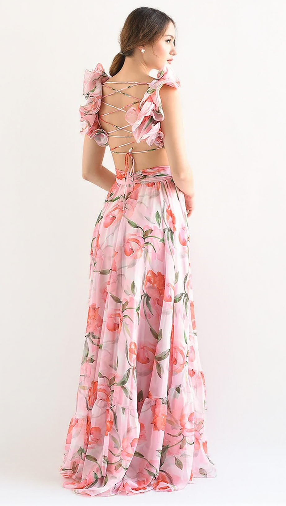 FLORAL PRINT RUFFLED BACKLESS MAXI DRESS IN PINK