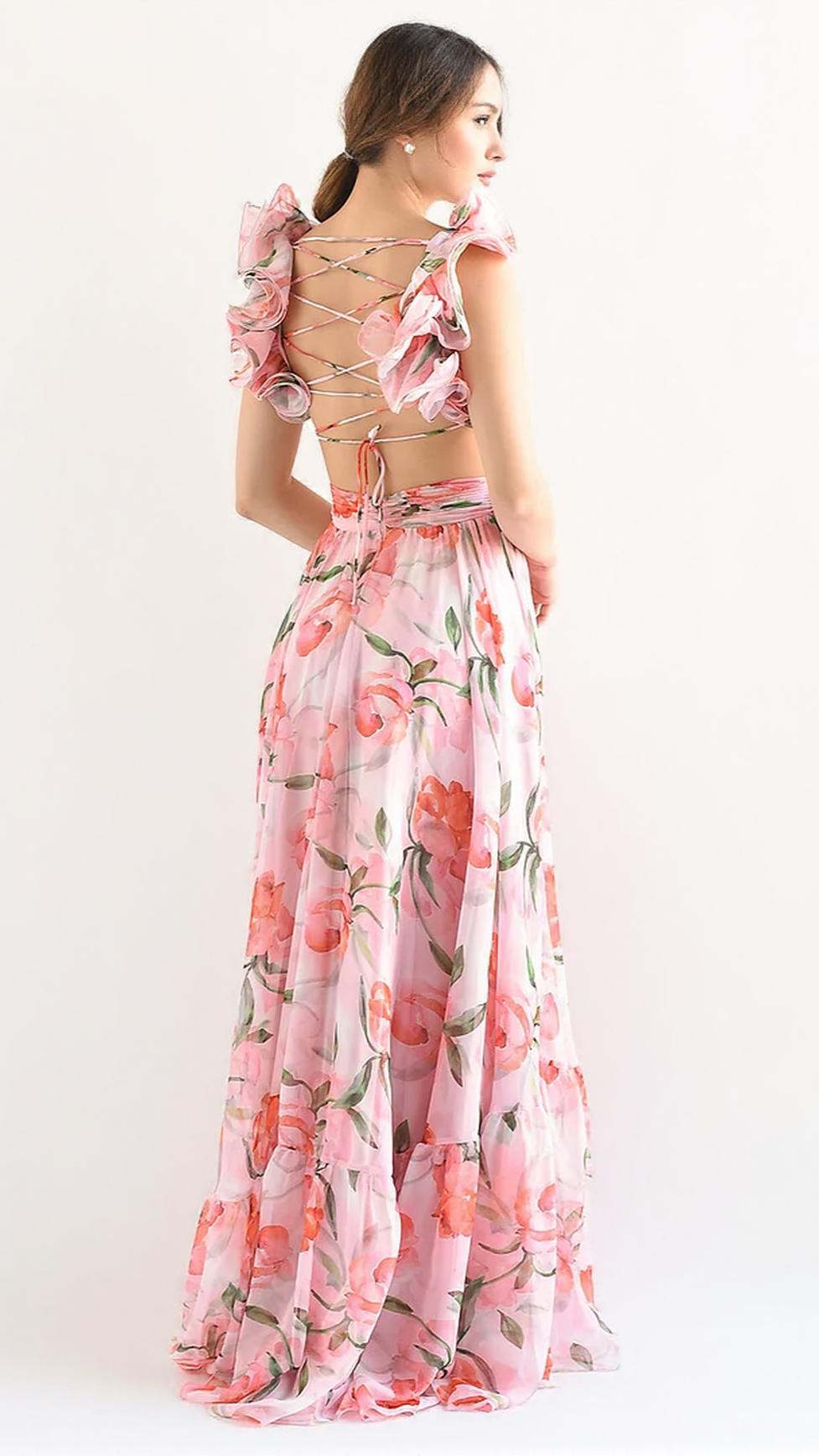 AIIZIE FLORAL PRINT RUFFLED BACKLESS MAXI DRESS IN PINK - product image