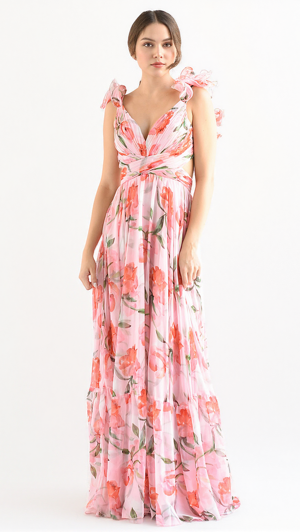 AIIZIE FLORAL PRINT RUFFLED BACKLESS MAXI DRESS IN PINK - product image