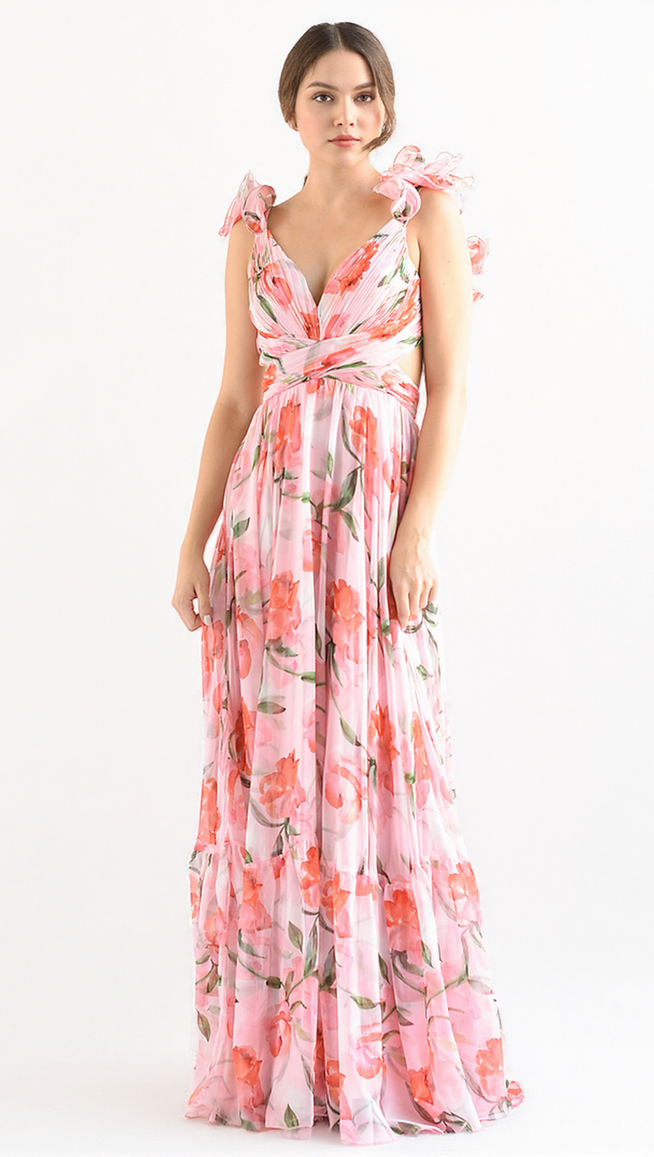 FLORAL PRINT RUFFLED BACKLESS MAXI DRESS IN PINK