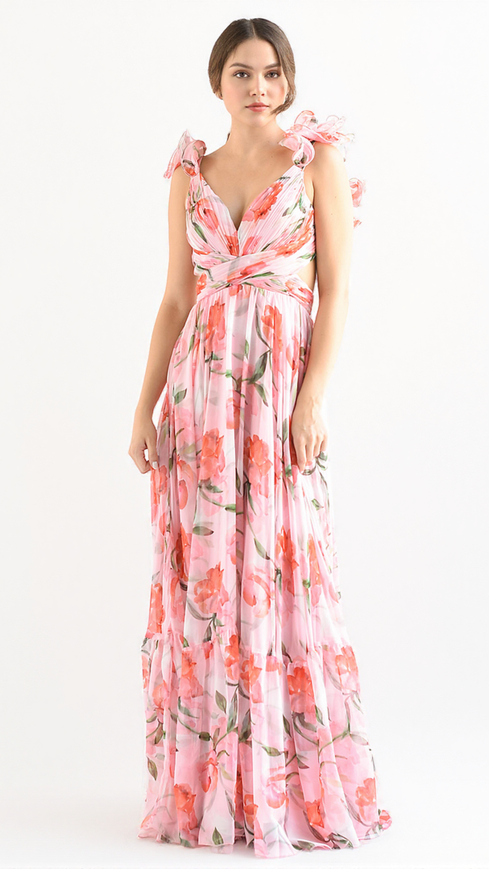 FLORAL PRINT RUFFLED BACKLESS MAXI DRESS IN PINK