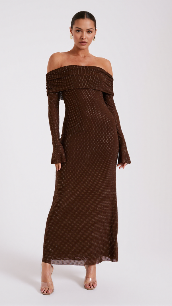 AIIZIE DENISE OFF SHOULDER SEQUIN MAXI DRESS - CHOCOLATE - product image