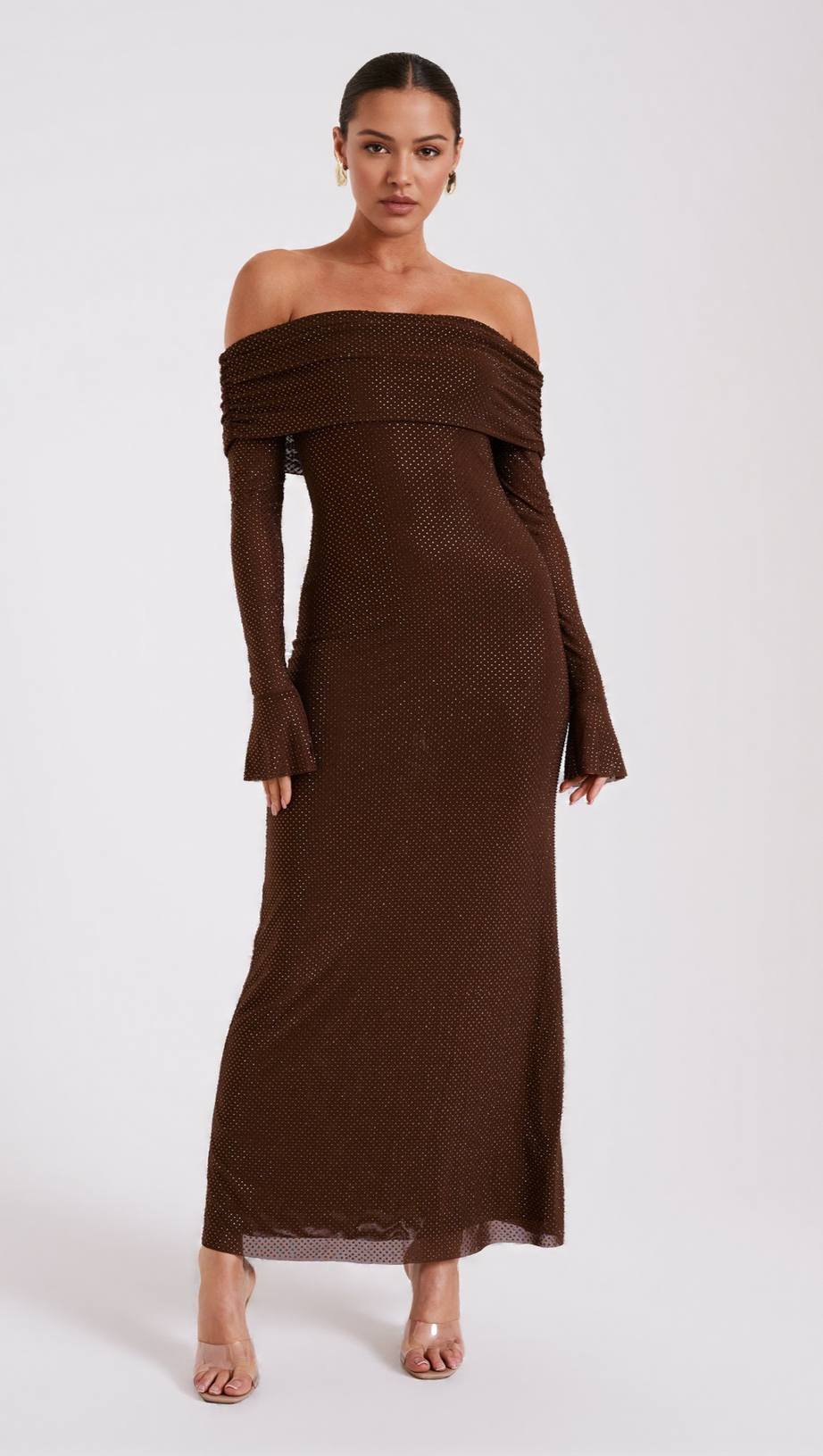 DENISE OFF SHOULDER SEQUIN MAXI DRESS - CHOCOLATE