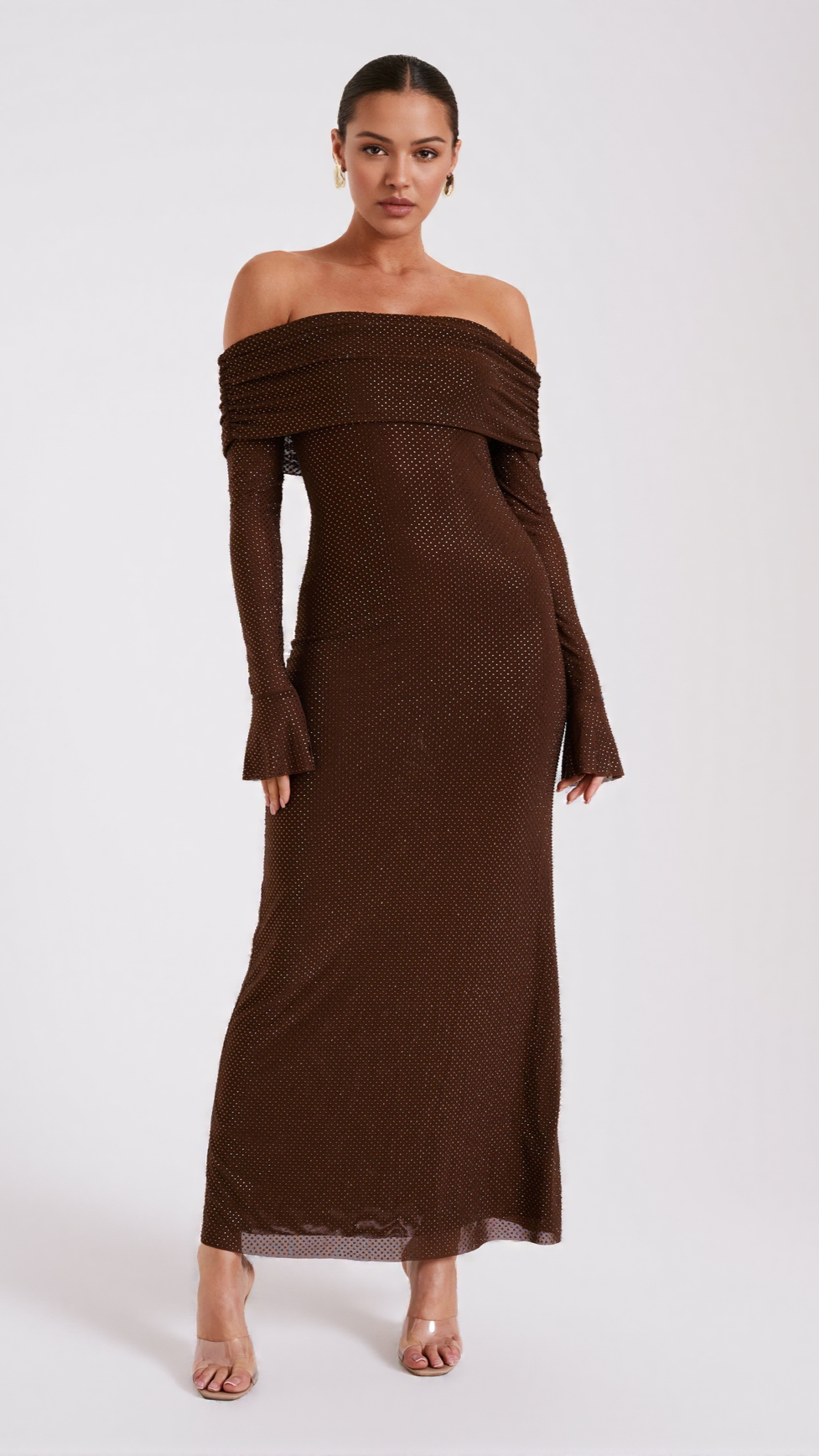 DENISE OFF SHOULDER SEQUIN MAXI DRESS - CHOCOLATE