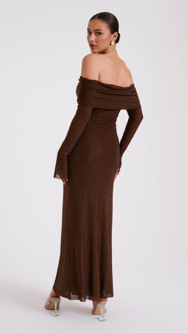 AIIZIE DENISE OFF SHOULDER SEQUIN MAXI DRESS - CHOCOLATE - product image