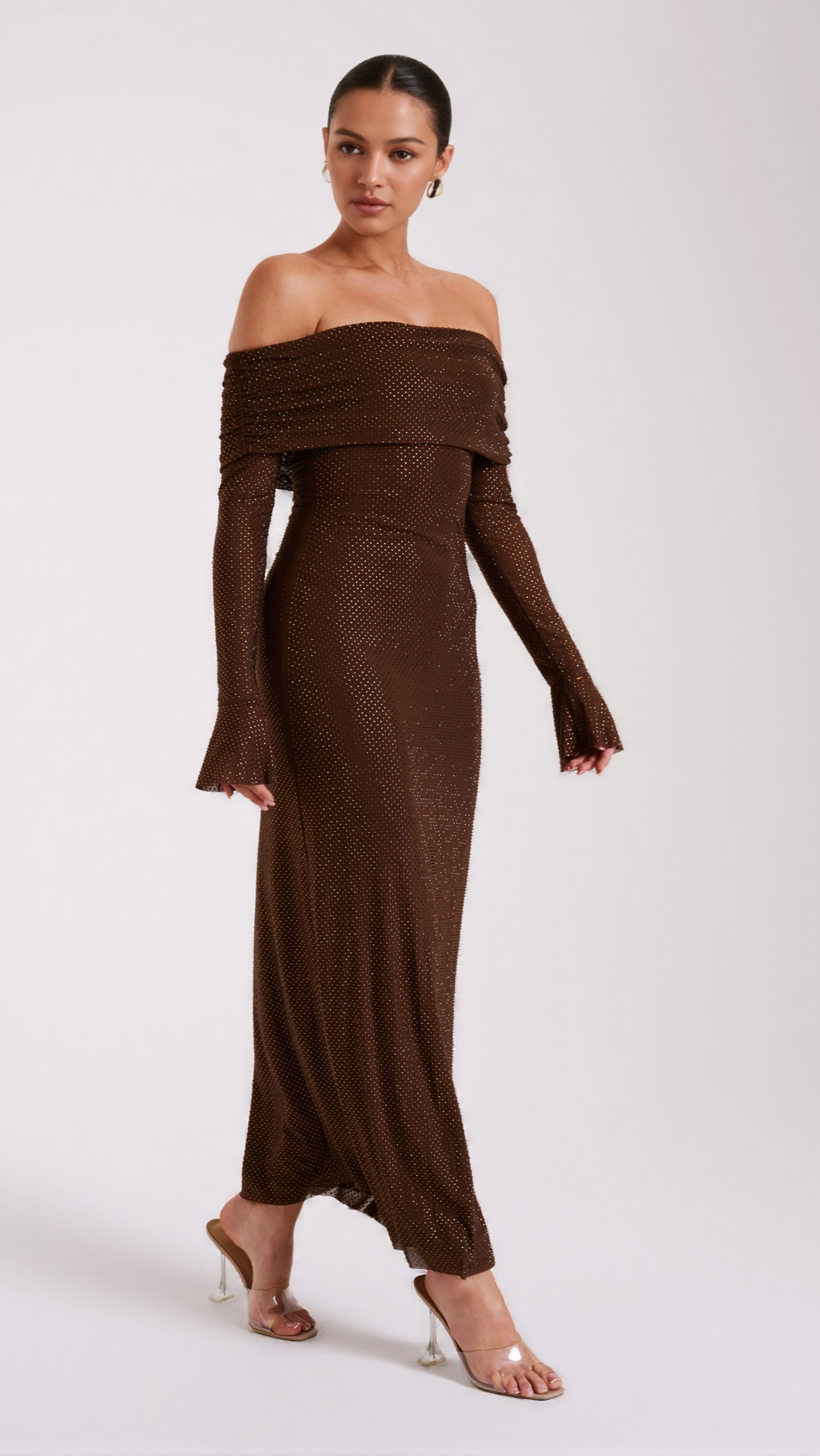 AIIZIE DENISE OFF SHOULDER SEQUIN MAXI DRESS - CHOCOLATE - product image