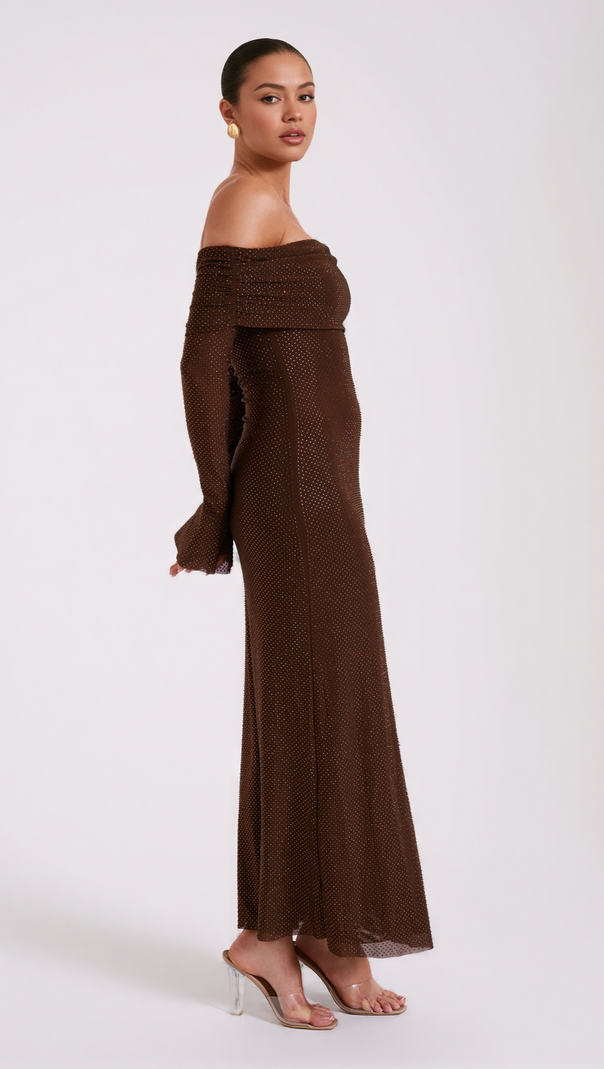 AIIZIE DENISE OFF SHOULDER SEQUIN MAXI DRESS - CHOCOLATE - product image
