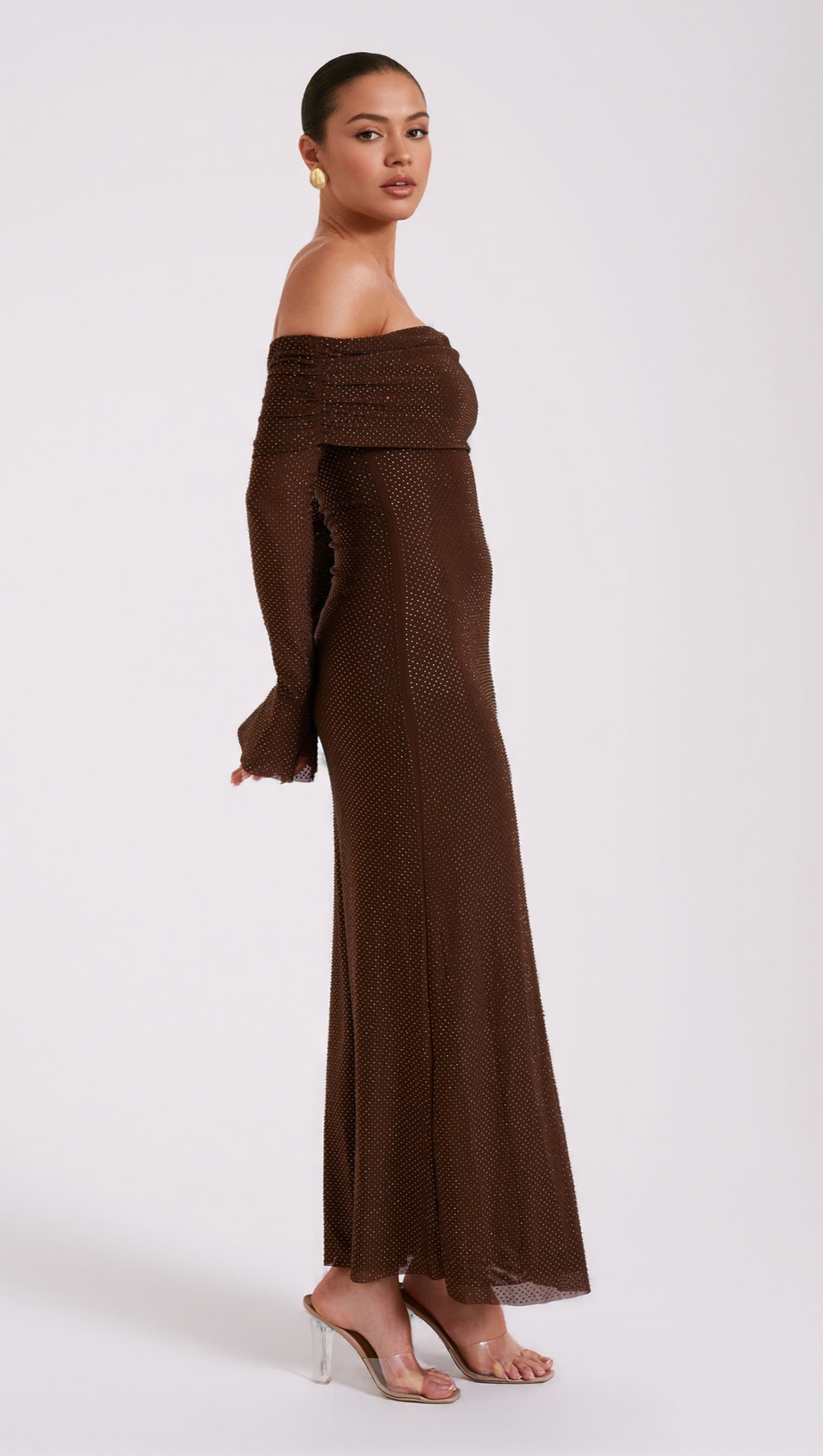 DENISE OFF SHOULDER SEQUIN MAXI DRESS - CHOCOLATE