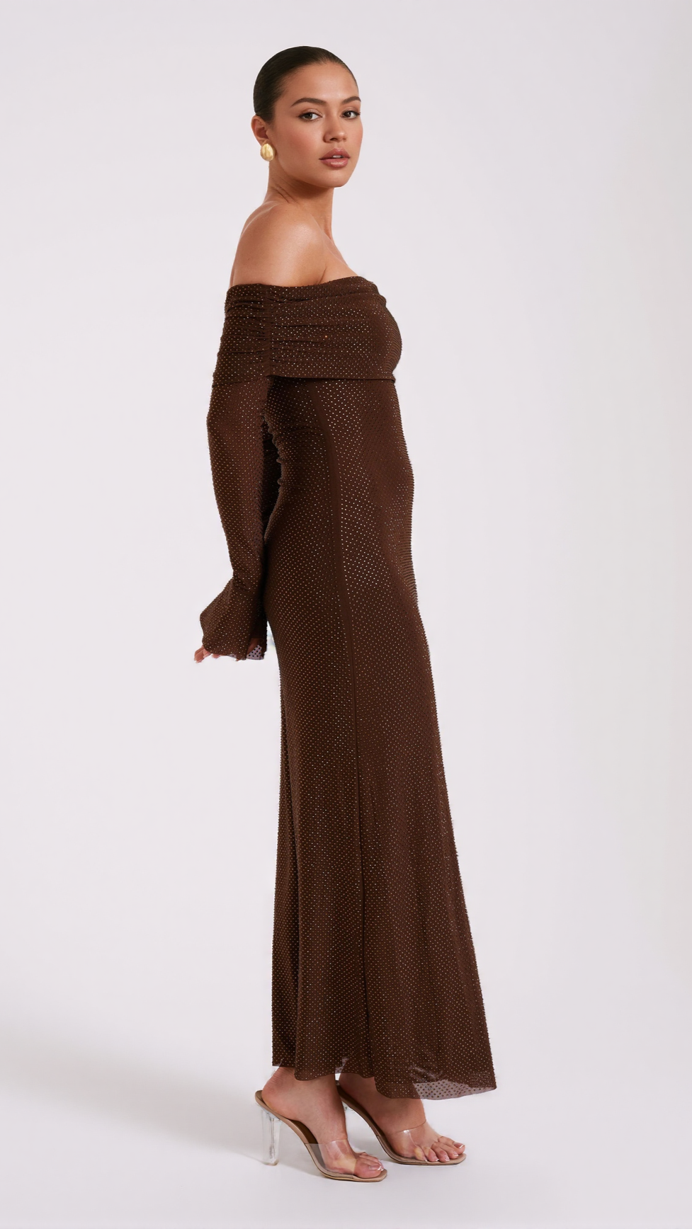AIIZIE DENISE OFF SHOULDER SEQUIN MAXI DRESS - CHOCOLATE - product image