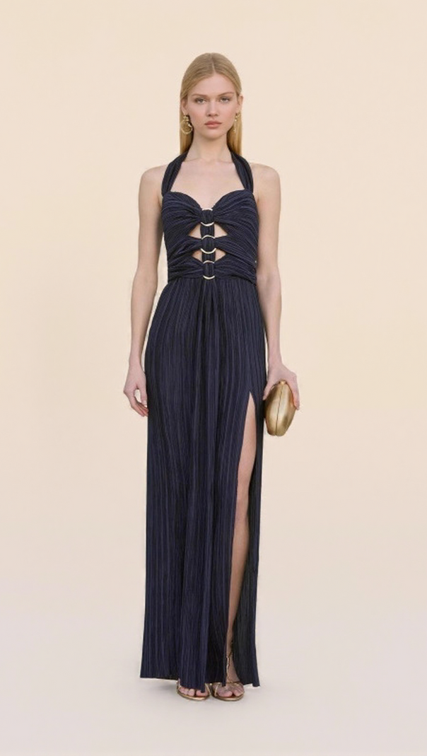AIIZIE ELEGANT NAVY HALTER PLEATED MAXI DRESS CUTOUT WAIST GOWN - product image