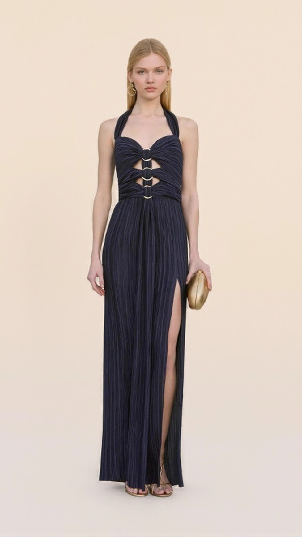 AIIZIE ELEGANT NAVY HALTER PLEATED MAXI DRESS CUTOUT WAIST GOWN - product image