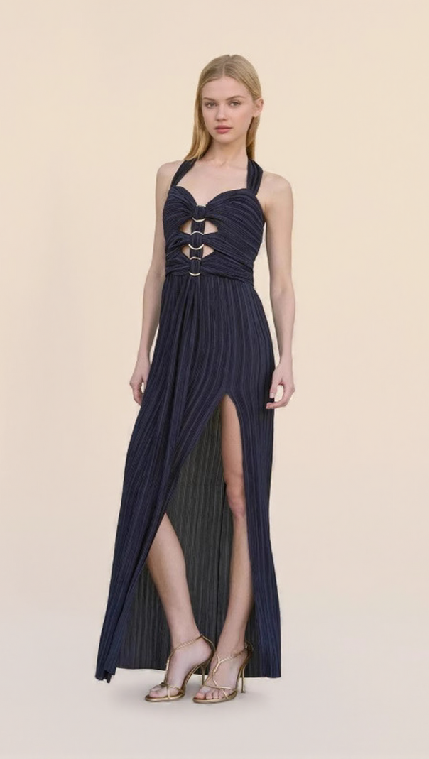AIIZIE ELEGANT NAVY HALTER PLEATED MAXI DRESS CUTOUT WAIST GOWN - product image